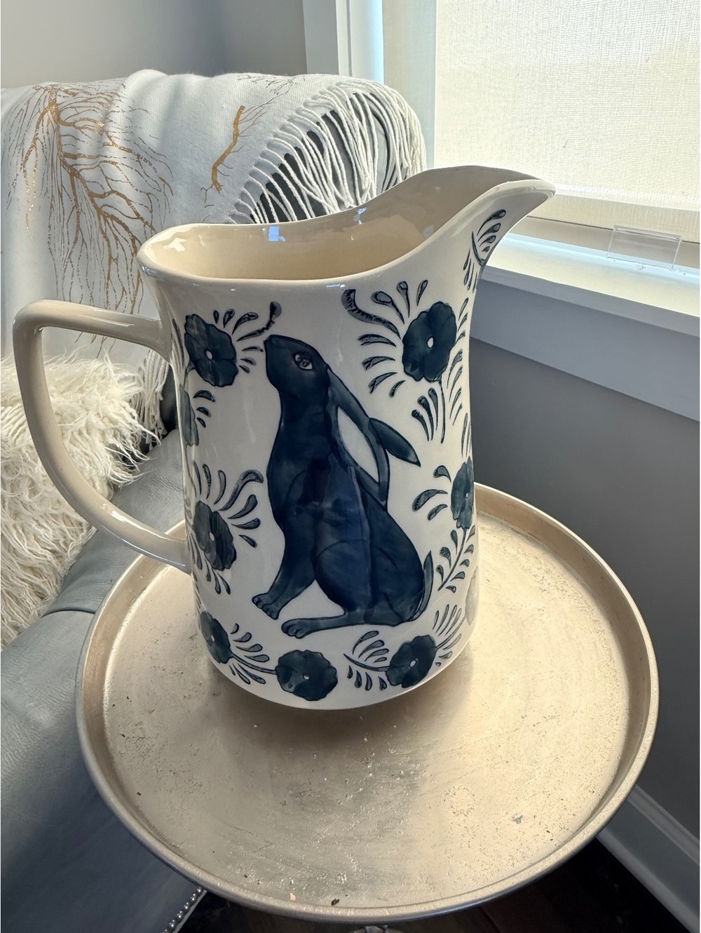 Blue and White Rabbit Ceramic Pitcher - Picture 2 of 12